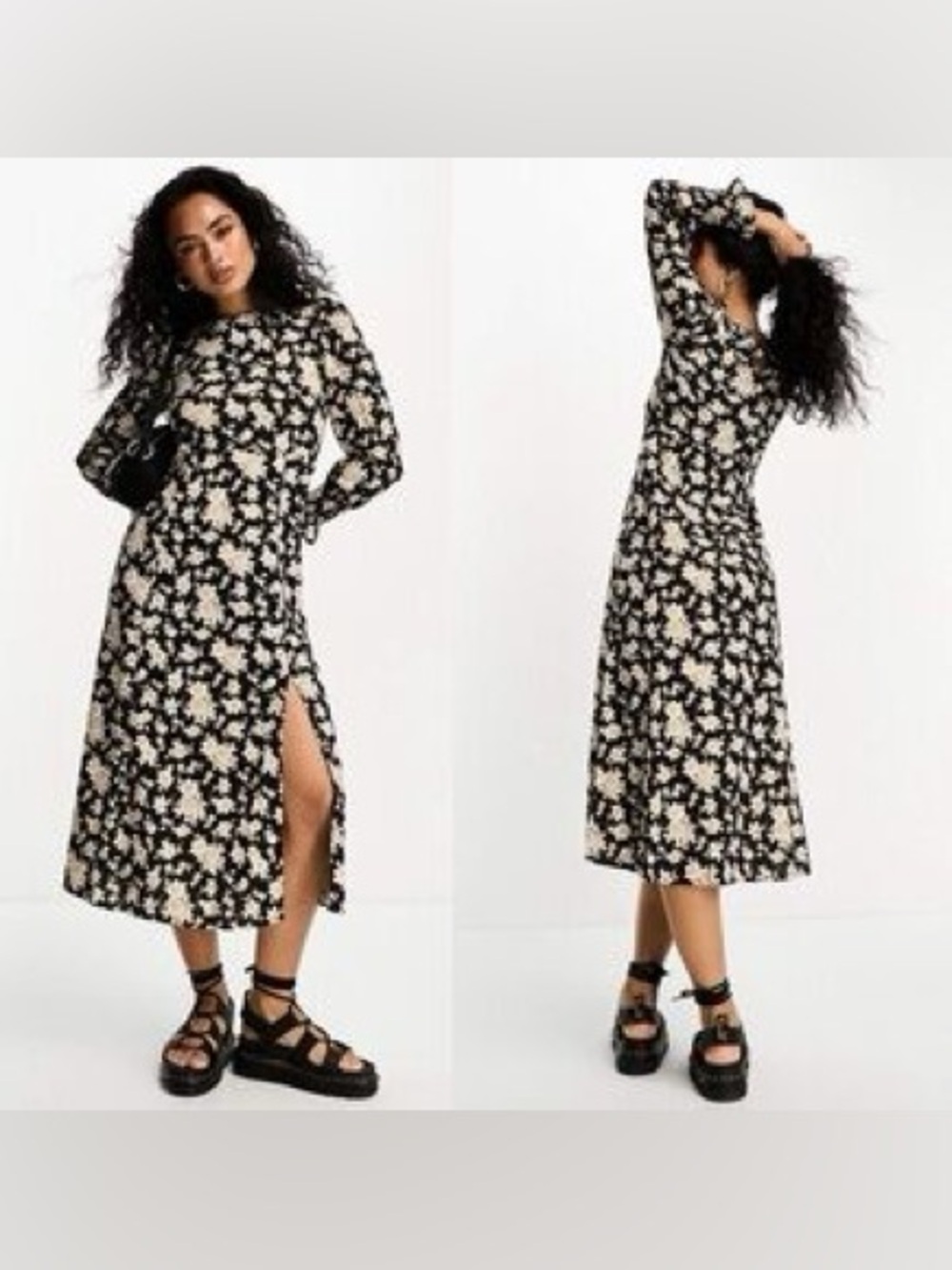 Mango Black & Cream Floral Midi Dress